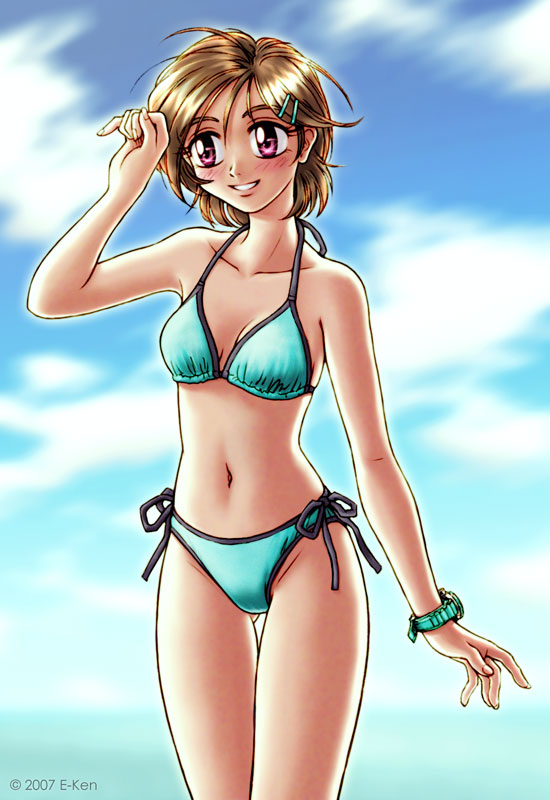 1girl, aqua bikini, bikini, brown hair, cloud, dark-skinned female, dark skin, day, female focus, pink eyes, short hair, side-tie bikini bottom, sky, solo, swimsuit, watch, wristwatch