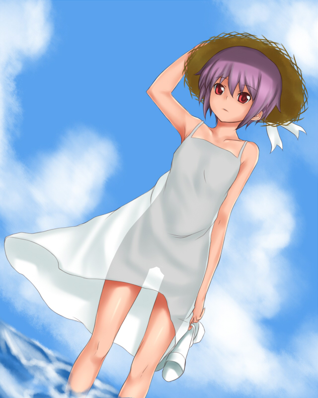 rokuichi, nagato yuki, suzumiya haruhi no yuuutsu, 00s, hat, purple hair, red eyes, short hair, solo, water