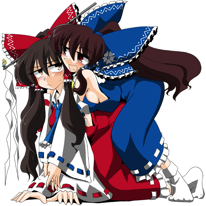 kieyza, kiezya, hakurei reimu, scarlet weather rhapsody, touhou, 2girls, alternate color, artistic error, dual persona, female focus, multiple girls, palette swap, player 2, selfcest, yuri