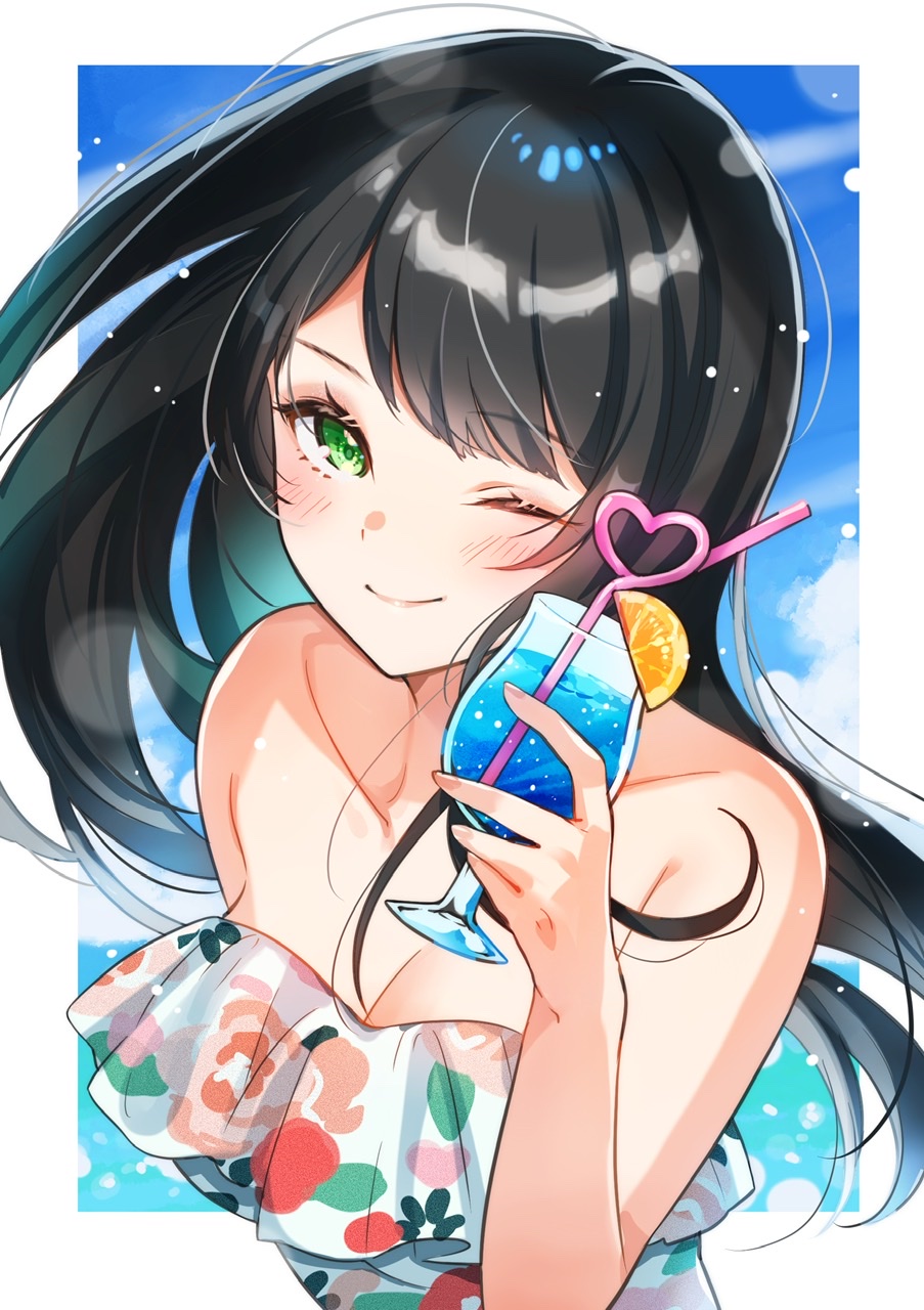shinishi chiho, original, commentary request, commission, highres, skeb commission, 1girl, ;), bendy straw, black hair, blush, border, borrowed character, breasts, cleavage, closed mouth, collarbone, cup, day, drink, drinking glass, drinking straw, food, fruit, green eyes, holding, holding cup, large breasts, lemon, lemon slice, long hair, looking at viewer, one-piece swimsuit, one eye closed, outdoors, outside border, smile, solo, strapless, strapless one-piece swimsuit, swimsuit, upper body, white border, white one-piece swimsuit