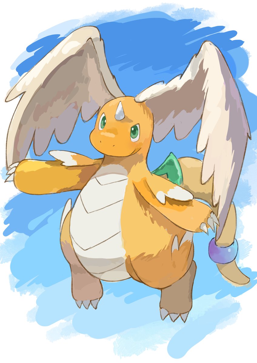 illustrattyako, dragonite, mega dragonite, nintendo, pokemon, blue sky, day, feathered wings, gen 1 pokemon, green eyes, head wings, horns, outdoors, pokemon (creature), single horn, sky, solo, tail, white wings, wings