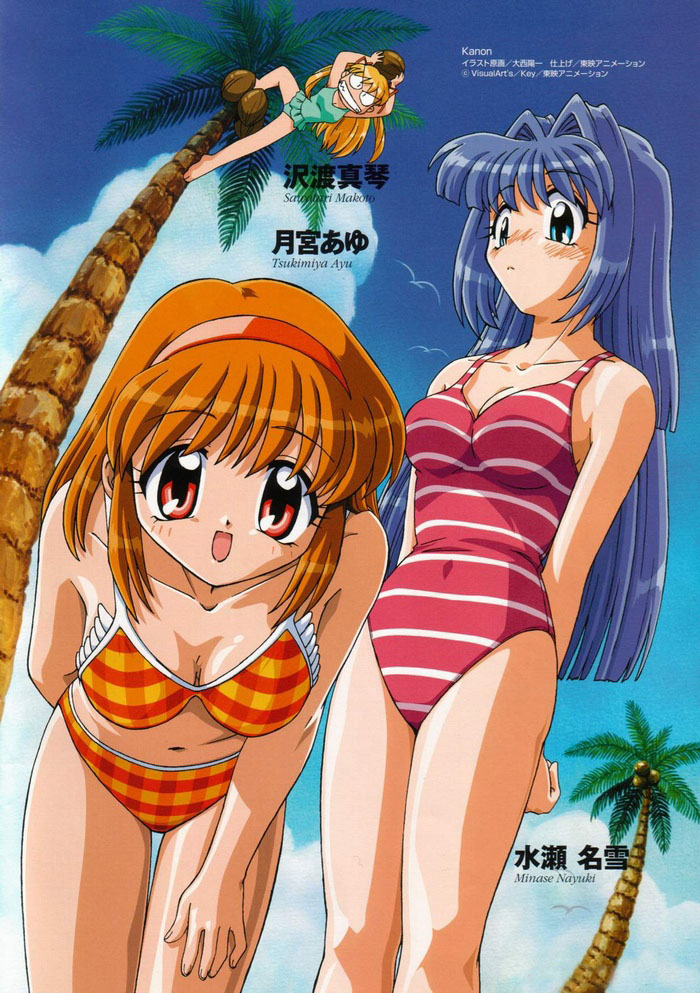 oonishi youichi, minase nayuki, sawatari makoto, tsukimiya ayu, kanon, key (company), frilled swimsuit, hand on thigh, official art, scan, 3girls, :d, angry, aqua one-piece swimsuit, arm behind back, arms behind back, arms up, barefoot, bent over, bikini, bird, blonde hair, blue eyes, blue hair, blush, breasts, casual one-piece swimsuit, character name, checkered bikini, checkered clothes, chibi, cleavage, clenched teeth, cloud, coconut, constricted pupils, day, foreshortening, frills, from below, hair intakes, hair ribbon, hairband, hand on own thigh, holding, long hair, looking at viewer, medium breasts, multiple girls, one-piece swimsuit, open mouth, orange hair, outdoors, palm tree, parted lips, plaid bikini, plaid clothes, red eyes, red one-piece swimsuit, ribbon, seagull, short hair, sidelocks, sky, smile, striped clothes, striped one-piece swimsuit, swimsuit, teeth, thigh gap, tree, twintails, two side up