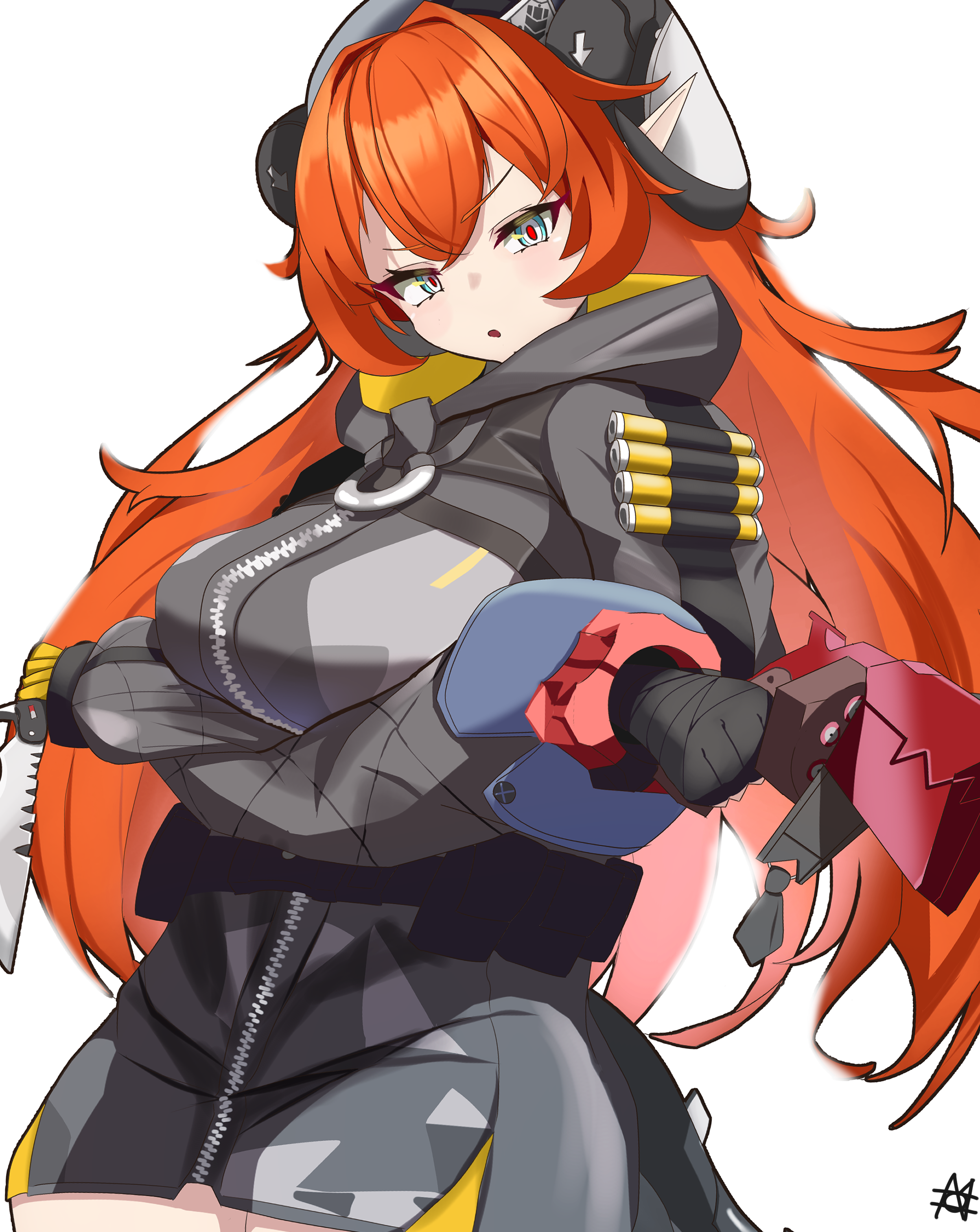akibakotank, magus (zenless zone zero), orphie magnusson, zenless zone zero, absurdres, highres, 1girl, beret, black gloves, black hat, black jacket, breasts, crossed bangs, curled horns, double-parted bangs, dragon girl, dragon horns, gloves, hair between eyes, hat, holding, holding knife, holding weapon, horns, jacket, knife, large breasts, long hair, looking at viewer, open mouth, orange hair, pointy ears, signature, simple background, solo, twintails, very long hair, weapon, white background, zipper