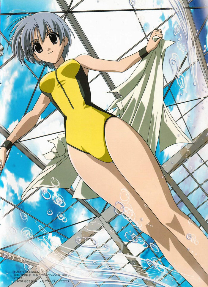 gokajo satsuki, gokajou satsuki, happy lesson, 00s, 1girl, competition swimsuit, day, grey hair, one-piece swimsuit, short hair, sky, swimsuit, towel, wristband, yellow one-piece swimsuit