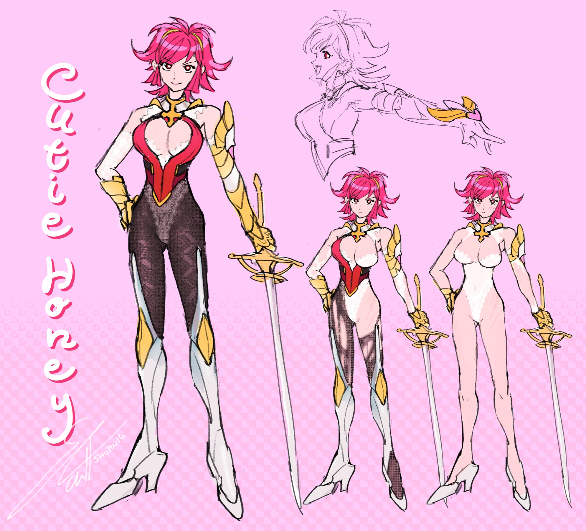shutwig, cutie honey (character), cutie honey, highres, armor, artist name, cleavage cutout, clothing cutout, cutie honey nova, gold, honey, lingerie, mechanical legs, pink hair, rapier, red eyes, redesign, retro artstyle, short hair, shoulder armor, sword, underwear, weapon