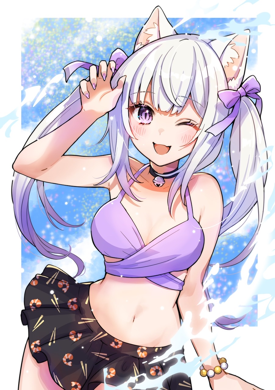 shinishi chiho, nekome shia, indie virtual youtuber, commentary request, commission, highres, skeb commission, 1girl, :3, ;d, animal ear fluff, animal ears, bikini, black bikini, blush, bow, bracelet, breasts, cat ears, cat girl, cleavage, cowboy shot, hair bow, jewelry, large breasts, long hair, looking at viewer, mismatched bikini, nail polish, navel, one eye closed, open mouth, purple bikini, purple bow, purple eyes, purple nails, smile, solo, swimsuit, twintails, virtual youtuber, white hair
