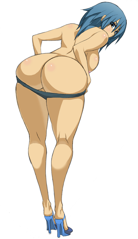 hidarikiki, bad id, bad pixiv id, 1girl, ass, bent over, black panties, blue eyes, blue hair, body blush, breasts, female focus, full body, high heels, looking back, matching hair/eyes, medium breasts, panties, panty pull, shoes, short hair, simple background, solo, standing, topless female, uncensored, underwear