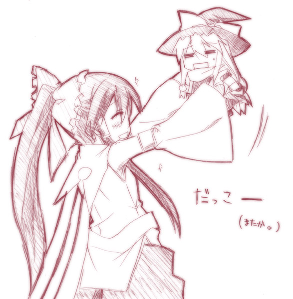 yuuki eishi, hakurei reimu, kirisame marisa, touhou, 2girls, chibi, female focus, monochrome, multiple girls, purple theme, sketch