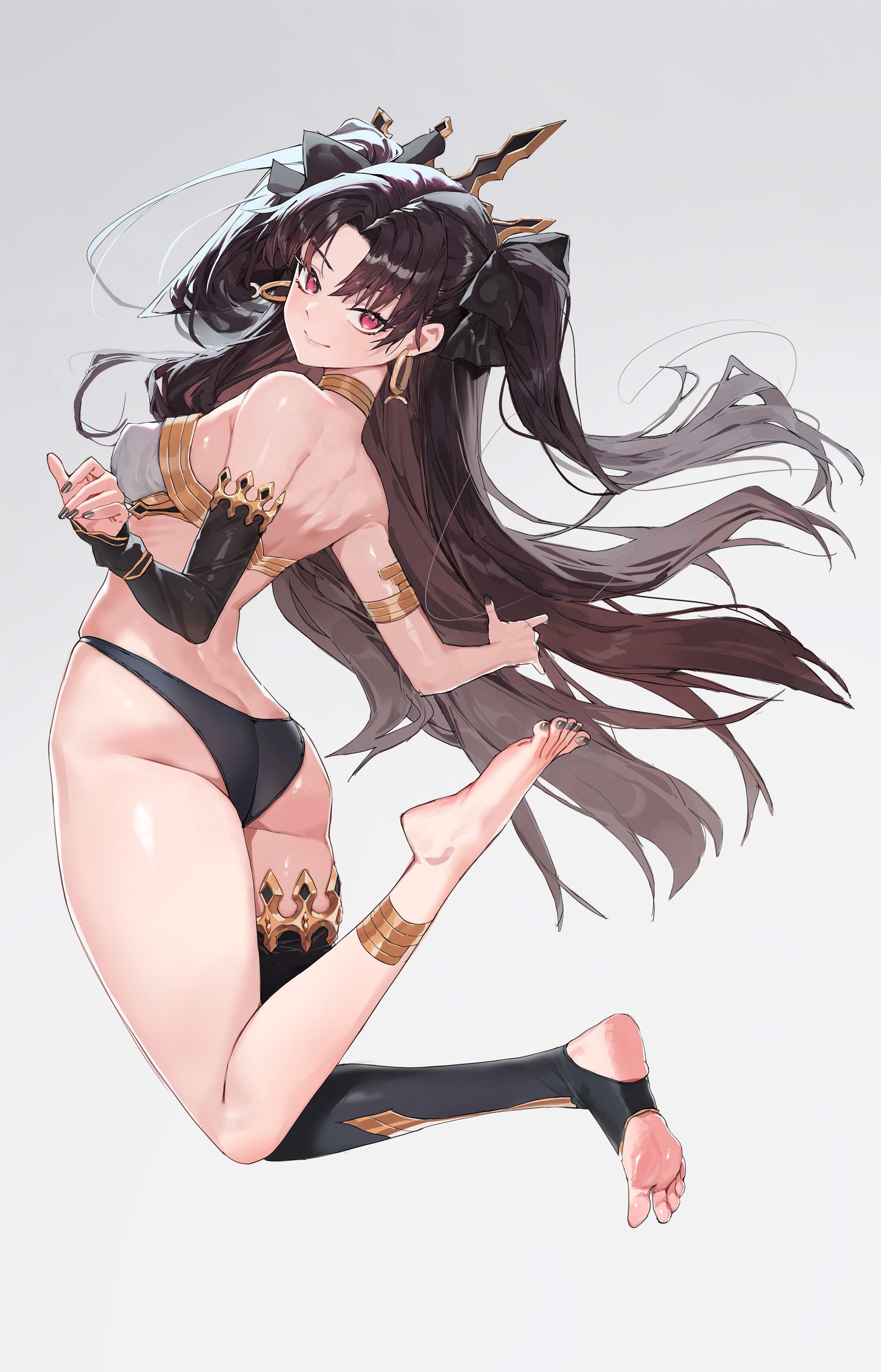 tunamayo (dsasd751), ishtar (fate), fate/grand order, fate (series), absurdres, highres, 1girl, anklet, armlet, ass, back, bare shoulders, barefoot, bikini, black hair, black thighhighs, bracelet, breasts, detached sleeves, earrings, gold trim, hair ribbon, hoop earrings, jewelry, long hair, looking at viewer, looking back, medium breasts, mismatched bikini, neck ring, parted bangs, red eyes, ribbon, single detached sleeve, single thighhigh, smile, solo, stirrup legwear, swimsuit, thighhighs, thighlet, tiara, toeless legwear, two side up