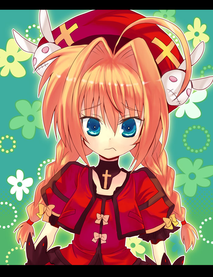 girotin ginza, vita (nanoha), lyrical nanoha, mahou shoujo lyrical nanoha, 00s, 1girl, ahoge, beret, blue eyes, blush, braid, female focus, floral background, gloves, hair between eyes, hair intakes, hat, letterboxed, looking at viewer, magical girl, red hair, red hat, short sleeves, solo, tareme, twin braids, upper body, wavy mouth