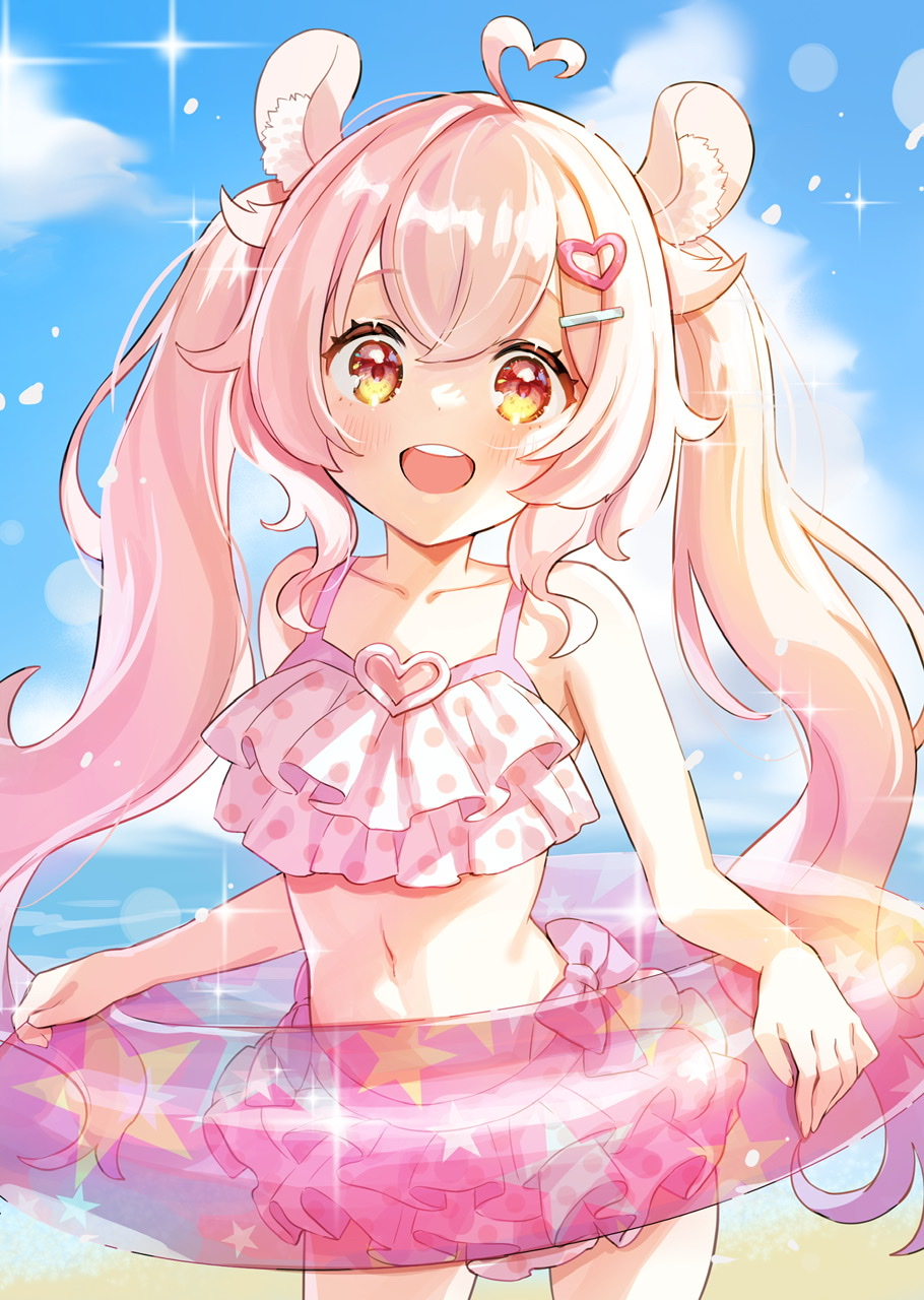 shinishi chiho, sopralto, indie virtual youtuber, commentary request, commission, highres, skeb commission, 1girl, :d, ahoge, animal ear fluff, animal ears, bikini, blonde hair, blue sky, blush, cloud, collarbone, cowboy shot, day, guinea pig girl, heart, heart ahoge, innertube, long hair, looking at viewer, multicolored hair, navel, open mouth, orange eyes, outdoors, pink hair, polka dot, polka dot bikini, sky, smile, solo, swim ring, swimsuit, two-tone hair, virtual youtuber, white bikini