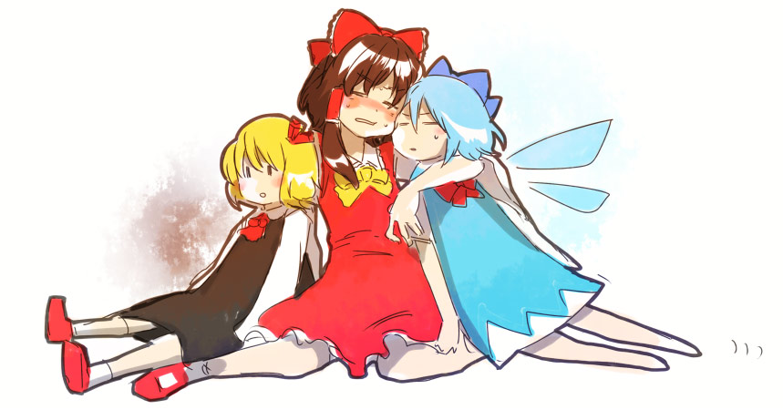 yukizen, cirno, hakurei reimu, rumia, embodiment of scarlet devil, touhou, 3girls, = =, barefoot, blonde hair, blush, chibi, dress, female focus, full body, gradient background, hug, multiple girls, red eyes, sketch, white background, wings