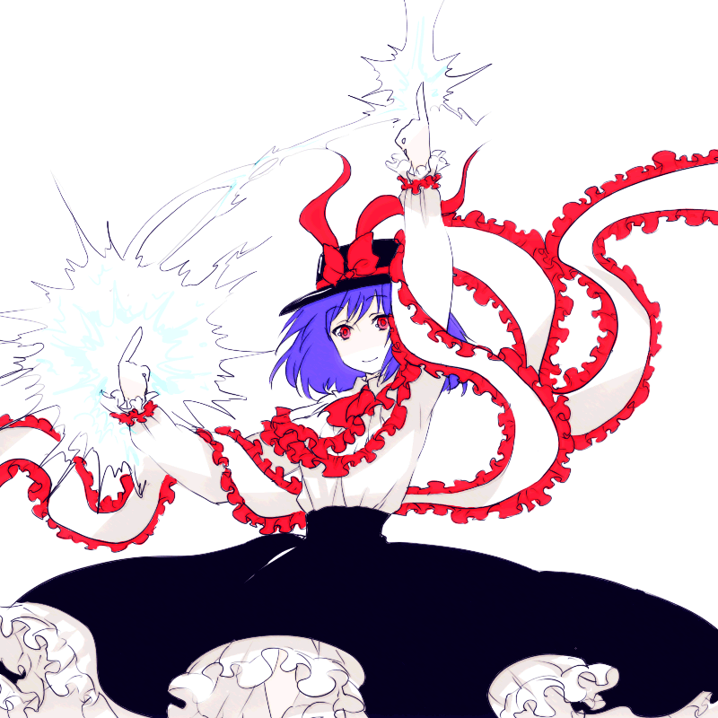 egawa satsuki, nagae iku, saturday night fever, touhou, 1girl, capelet, female focus, hat, lightning, long skirt, long sleeves, petticoat, purple hair, red eyes, ribbon, short hair, skirt, solo