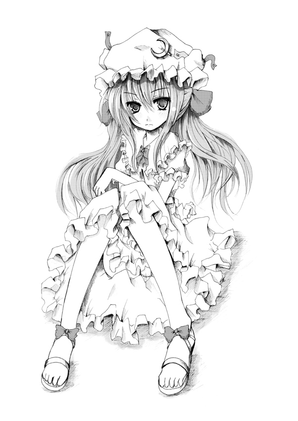 kurona, patchouli knowledge, touhou, 1girl, feet, female focus, greyscale, hat, long hair, monochrome, simple background, sitting, solo, white background