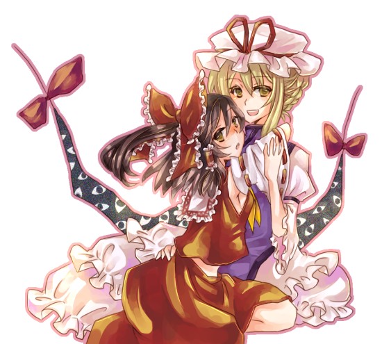 yutsuka, yutsuka (amyucca), hakurei reimu, yakumo yukari, touhou, 2girls, blush, female focus, gap (touhou), multiple girls