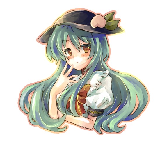 yutsuka, yutsuka (amyucca), hinanawi tenshi, touhou, 1girl, arm up, blue hair, blush, bow, bowtie, female focus, food, fruit, hat, heart, leaf, long hair, looking at viewer, outline, peach, puffy sleeves, red eyes, ribbon, simple background, solo