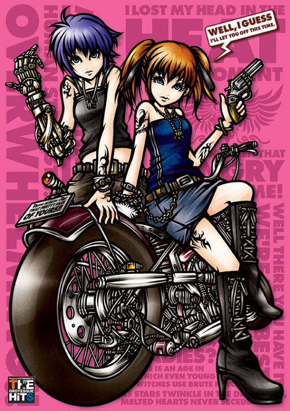 project.c.k., subaru nakajima, teana lanster, lyrical nanoha, mahou shoujo lyrical nanoha, mahou shoujo lyrical nanoha strikers, vehicle, 00s, boots, gun, handgun, motor vehicle, motorcycle, pistol, prosthesis, revolver, tattoo, weapon
