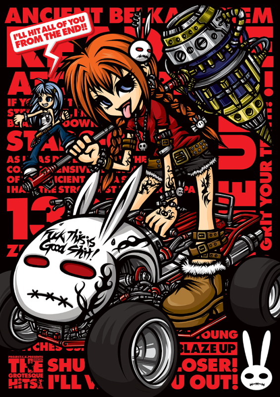 project.c.k., graf eisen, reinforce zwei, vita (nanoha), lyrical nanoha, mahou shoujo lyrical nanoha, 00s, 2girls, all-terrain vehicle, alternate weapon, braid, english text, hammer, mini person, minigirl, motor vehicle, multiple girls, profanity, tattoo, twin braids, weapon