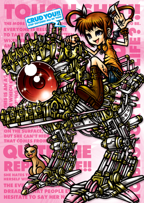 project.c.k., raising heart, takamachi nanoha, yuuno scrya, lyrical nanoha, mahou shoujo lyrical nanoha, 00s, 1girl, alternate weapon, english text, engrish text, ferret, mecha, middle finger, non-humanoid robot, ranguage, robot, tattoo, twintails, walker (robot), weapon, white devil