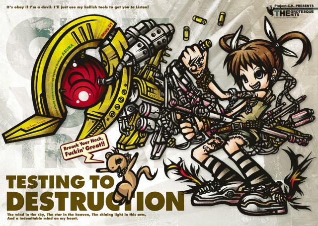 project.c.k., raising heart, raising heart (accel mode), takamachi nanoha, yuuno scrya, lyrical nanoha, mahou shoujo lyrical nanoha, mahou shoujo lyrical nanoha a's, 00s, 1girl, alternate weapon, casing ejection, english text, engrish text, ferret, magazine (weapon), profanity, ranguage, shell casing, twintails, weapon, white devil