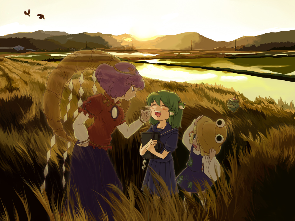 kty (04), kochiya sanae, moriya suwako, yasaka kanako, touhou, white legwear, 3girls, ^ ^, alternate costume, bag, bag charm, bird, blouse, charm (object), child, closed eyes, female focus, hand on own hip, hat, head tilt, holding, holding bag, kappa, landscape, layered sleeves, long sleeves, miniskirt, multiple girls, one eye covered, outdoors, own hands together, scenery, school bag, school uniform, serafuku, shide, shirt, short over long sleeves, short sleeves, skirt, standing, sunset, thighhighs, transparent, white shirt