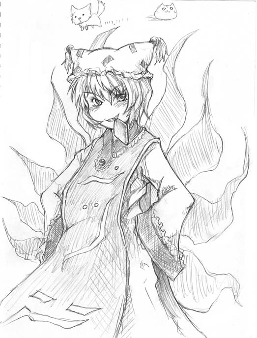 akenoin, akenoin soumon, yakumo ran, touhou, 1girl, animal hat, female focus, fox tail, frills, greyscale, hat, long sleeves, looking at viewer, mob cap, monochrome, mouth hold, multiple tails, short hair, simple background, sketch, solo, tabard, tail, tassel, white background, wide sleeves
