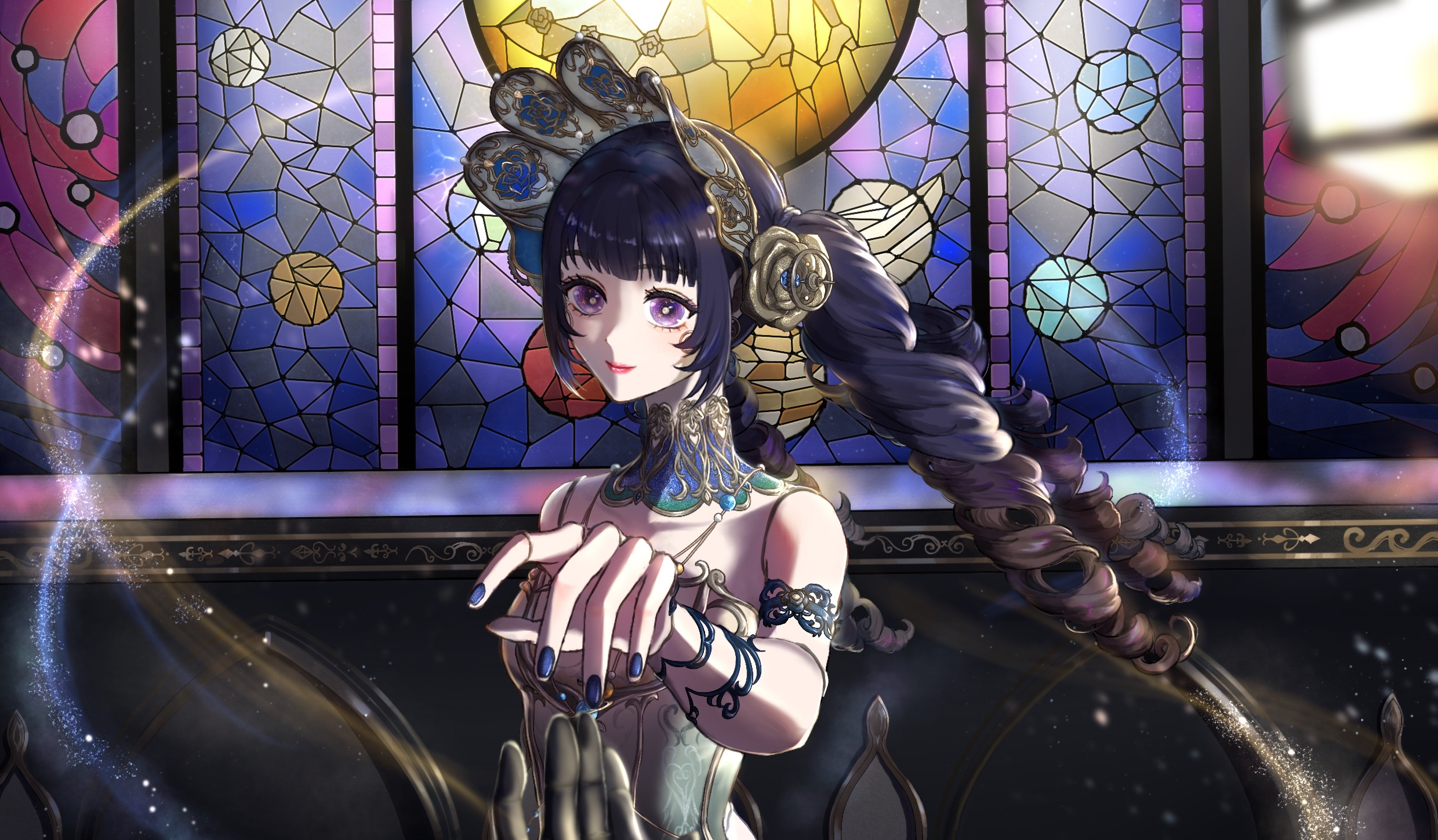 kohanai setsuna, nikki (series), shining nikki, commentary request, highres, 1girl, armband, bare shoulders, black armband, black hair, blackcat and cosmic poem (shining nikki), blue collar, blue nails, bonnet, bright pupils, brown hair, closed mouth, collar, detached collar, dress, drill hair, eyelashes, floating hair, floral print, gradient hair, green dress, happy, high collar, indoors, lace armband, lantern, light particles, lipstick, magic, makeup, multicolored hair, nail polish, outstretched hand, pink lips, print headwear, purple eyes, reaching, rose print, sleeveless, sleeveless dress, smile, solo focus, stained glass, twin drills, twintails, upper body, white bonnet, white pupils, wind