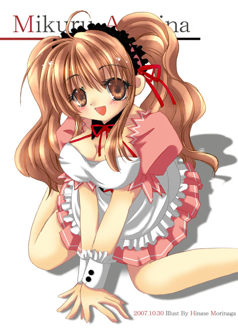 morinaga hinase, asahina mikuru, suzumiya haruhi no yuuutsu, 00s, 1girl, breasts, brown eyes, brown hair, cleavage, female focus, kneeling, large breasts, official alternate hairstyle, solo, twintails, waitress