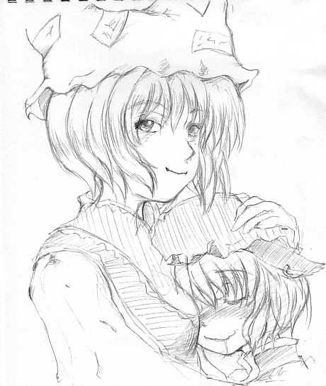 akenoin, akenoin soumon, chen, yakumo ran, touhou, 2girls, animal ears, animal hat, cat ears, cat girl, earrings, female focus, greyscale, hat, hug, jewelry, mob cap, monochrome, multiple girls, short hair, single earring, sketch, white background