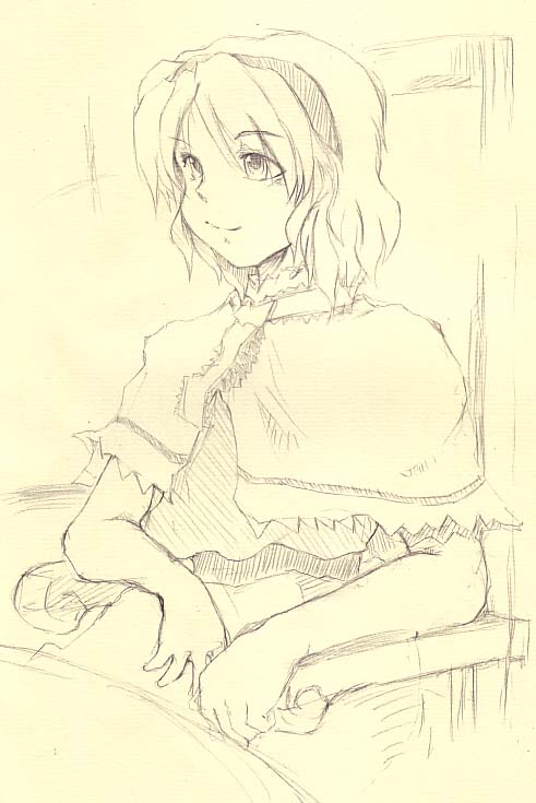 akenoin, akenoin soumon, alice margatroid, touhou, 1girl, female focus, monochrome, sketch, solo