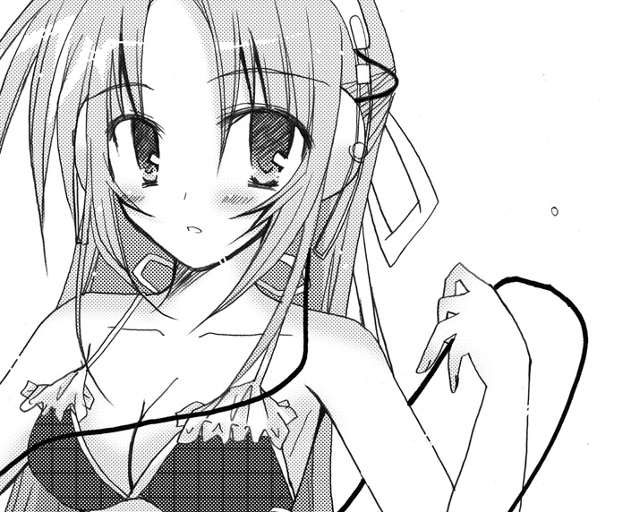 sonozaki shion, higurashi no naku koro ni, 00s, 1girl, bikini, female focus, greyscale, half updo, headphones, long hair, monochrome, ribbon, solo, swimsuit