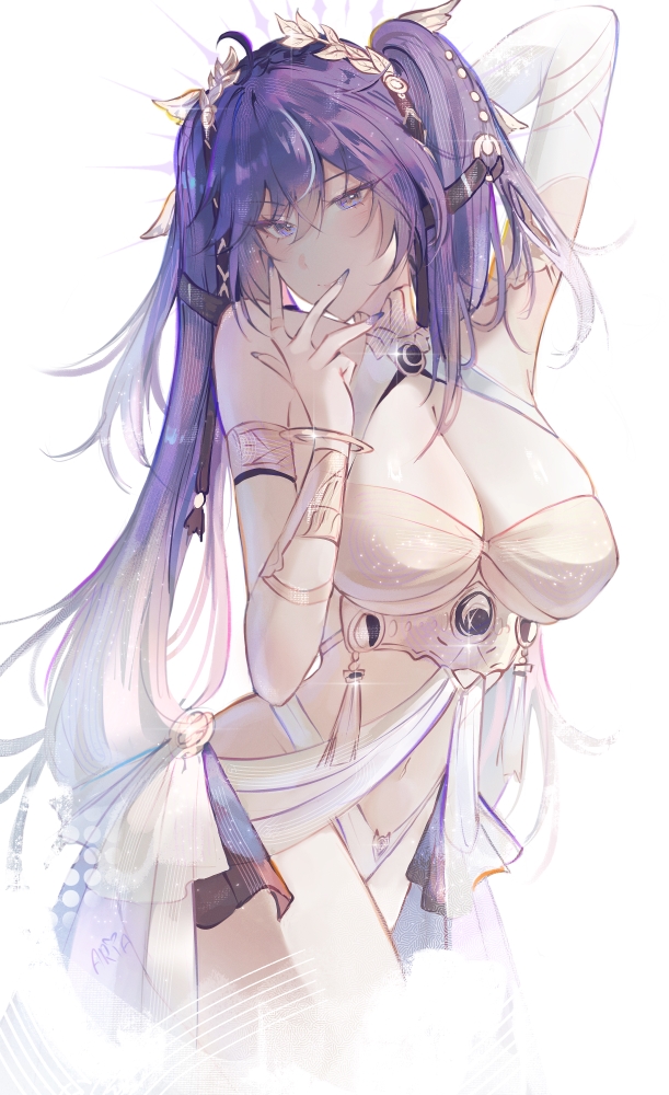 a r i a, iuno (wuthering waves), wuthering waves, clothing request, commentary, 1girl, alternate breast size (larger), arm behind head, arm up, blue eyes, blue hair, blue nails, breasts, cleavage, closed mouth, large breasts, long hair, looking at viewer, nail polish, solo, twintails, very long hair, white background