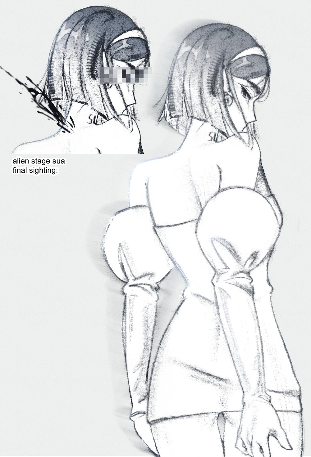 sua (alien stage), alien stage, commentary, english commentary, highres, 1girl, bare shoulders, blood, blood from neck, blood spray, blunt ends, bob cut, dress, earrings, eenisfw, elbow gloves, english text, from behind, gloves, greyscale, hairband, jewelry, monochrome, neck tattoo, short dress, short hair, strapless, strapless dress, tattoo