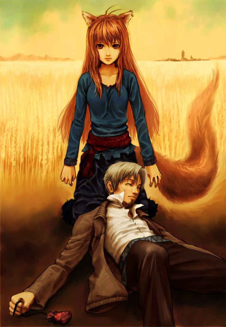 suiso, suiso (oxygen2), craft lawrence, holo, spice and wolf, 00s, 1boy, 1girl, animal ears, brown hair, closed eyes, field, jacket, kneeling, long hair, lying, pouch, red eyes, tail, wheat, wolf ears, wolf tail