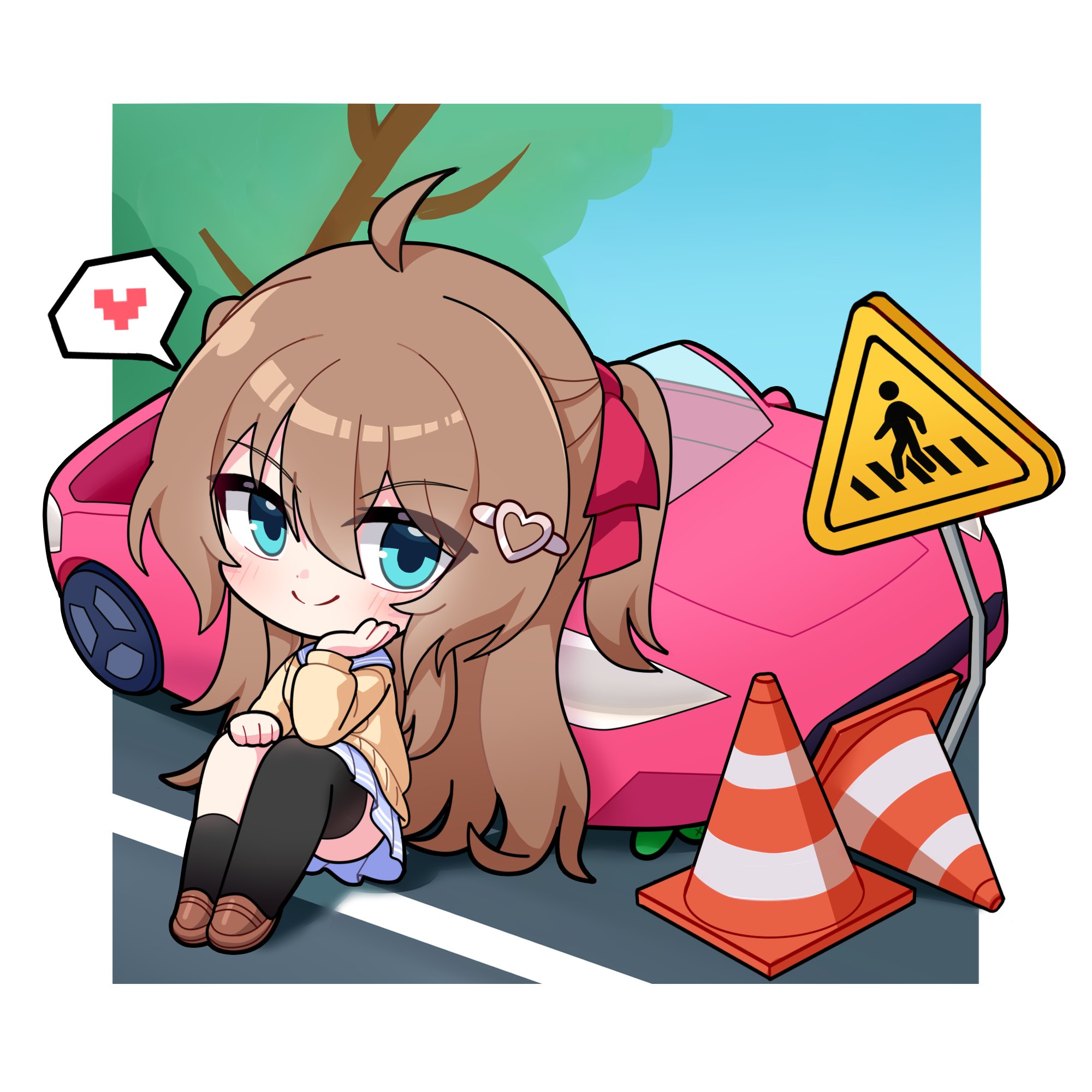 xiaomacroz, neuro-sama, chinese commentary, commentary, english commentary, highres, mixed-language commentary, 1girl, ahoge, arm support, asymmetrical legwear, black socks, black thighhighs, blue eyes, blue skirt, blue sky, boots, brown hair, car, cardigan, chibi, chibi only, closed mouth, from above, from side, hair between eyes, hair ornament, hair ribbon, heart, heart hair ornament, loafers, long hair, long sleeves, looking at viewer, motor vehicle, outdoors, pedestrian crossing sign, pink car, pleated skirt, red ribbon, ribbon, road, shoes, signpost, single sock, single thigh boot, sitting, skirt, sky, smile, socks, solo, speech bubble, spoken heart, thigh boots, thighhighs, traffic cone, two side up, uneven legwear, vedal ai, virtual youtuber, yellow cardigan