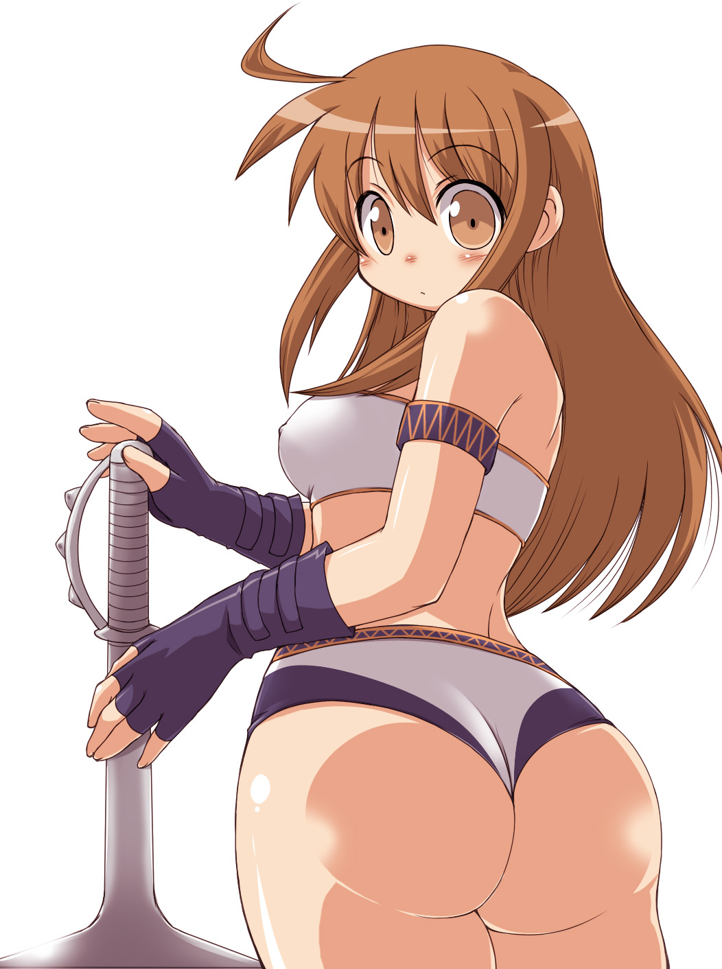 naitou kouse, naitou, capcom, monster hunter (series), highres, 1girl, ass, brown eyes, brown hair, female focus, fingerless gloves, gloves, huge ass, long hair, shorts, solo, weapon