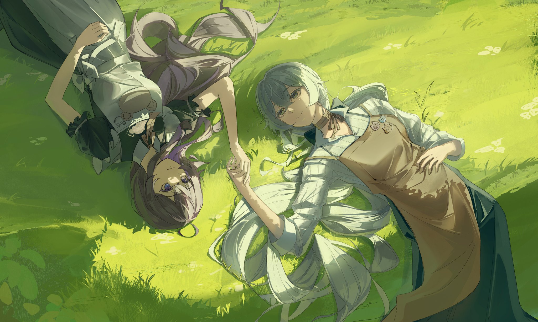 crabq, bronya zaychik, seele vollerei, benghuai xueyuan, honkai (series), commentary, highres, 2girls, apron, black hair, blue eyes, brown apron, closed mouth, collared shirt, grey eyes, grey hair, long hair, lying, multiple girls, on back, on grass, rotational symmetry, shirt, smile, very long hair, white shirt