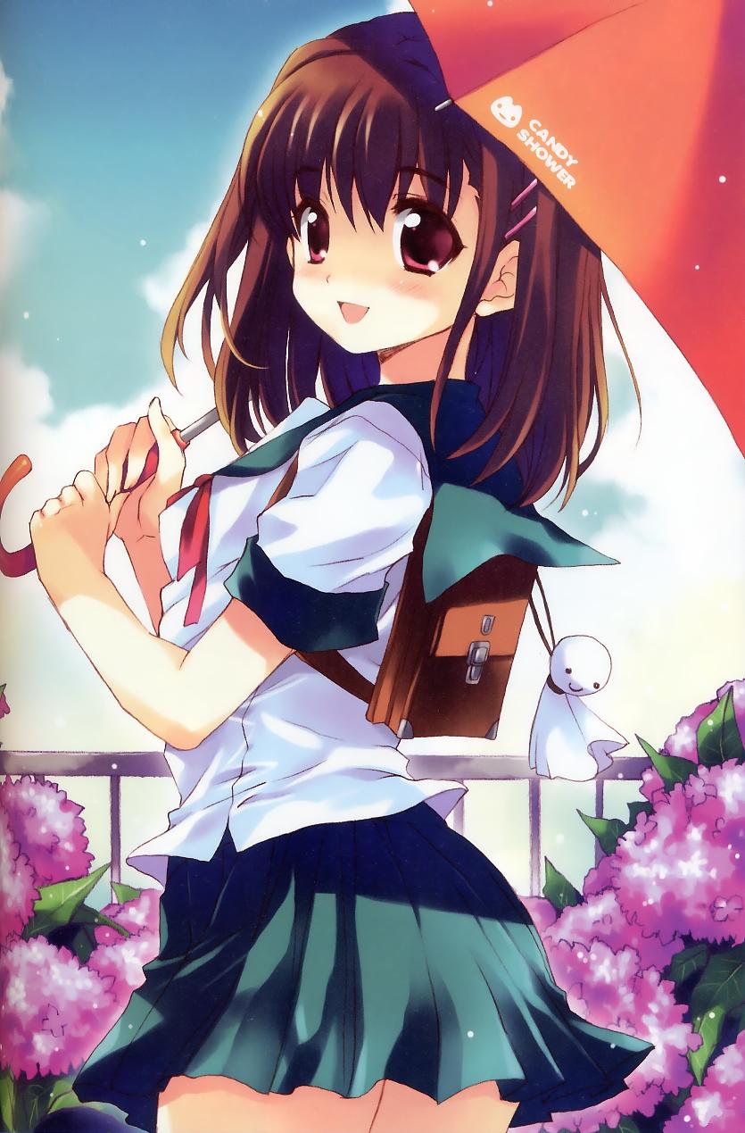 sakura koharu, highres, backpack, bag, brown hair, flower, hydrangea, pink eyes, randoseru, school uniform, serafuku, solo, teruterubouzu, umbrella