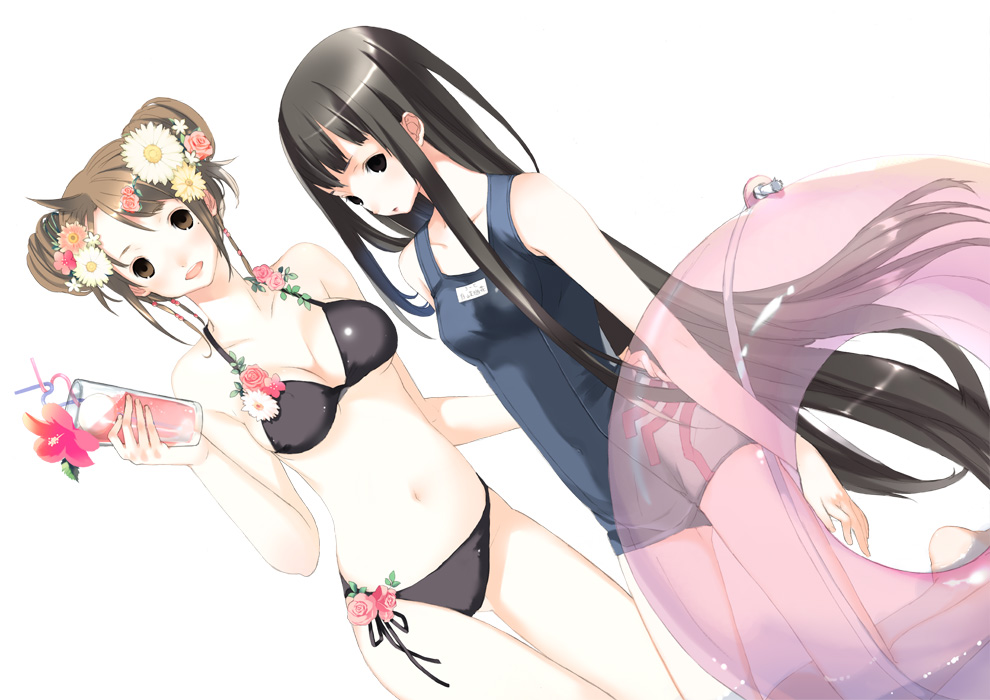 2girls, bikini, black bikini, black eyes, black hair, blunt bangs, breasts, brown eyes, brown hair, daisy (flower), double bun, drink, drinking straw, dutch angle, expressionless, flower, hair bun, hair flower, hair ornament, hand on another's hip, hibiscus, holding, innertube, kneeling, long hair, looking at viewer, medium breasts, multiple girls, name tag, one-piece swimsuit, open mouth, pink flower, pink rose, rose, school swimsuit, side-tie bikini bottom, simple background, small breasts, smile, swim ring, swimsuit, thigh gap, transparent, very long hair, white background