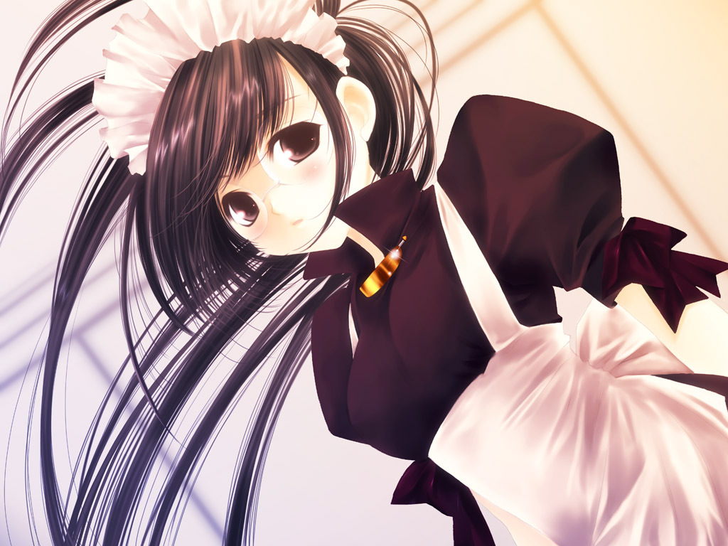 touto seiro, 1girl, bow, brown eyes, brown hair, female focus, glasses, hairband, long hair, maid, ponytail, solo