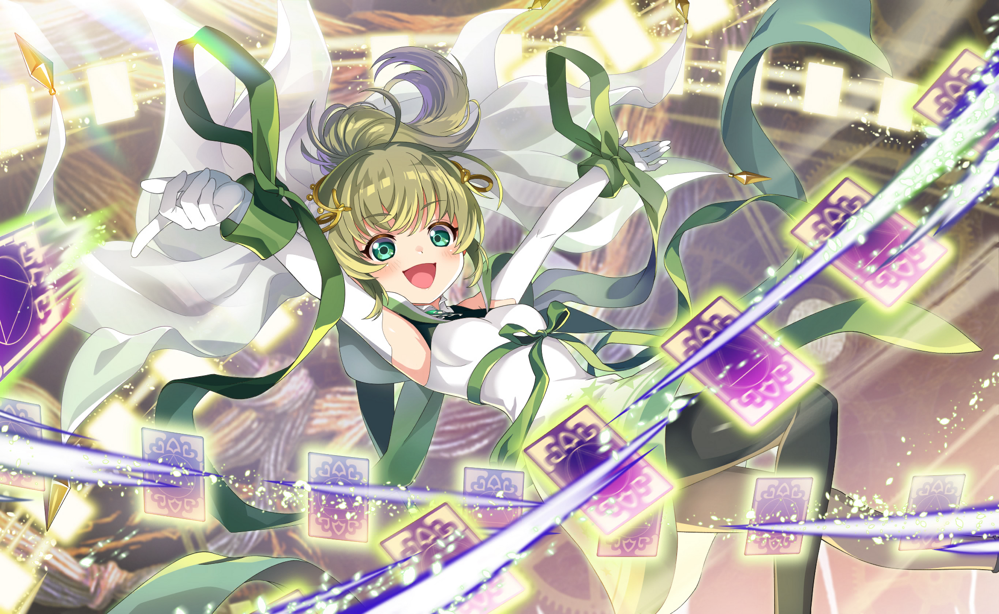 anna mel, magia record: mahou shoujo madoka magica gaiden, mahou shoujo madoka magica, mahou shoujo madoka magica magia exedra, artist request, game cg, highres, official art, 1girl, aqua eyes, aqua gemstone, bare shoulders, black pantyhose, card, chest jewel, collared dress, dot nose, dress, elbow gloves, eyelashes, feet out of frame, floating clothes, floating hair, gem, gloves, green hair, green ribbon, green wrist cuffs, happy, high collar, high ponytail, light blush, light particles, light rays, long hair, looking at viewer, magic, magical girl, medium dress, open mouth, outline, pantyhose, pillar, ponytail, print dress, ribbon, sleeveless, sleeveless dress, smile, solo, star (symbol), star print, tareme, tarot, tarot card, veil, waist ribbon, white dress, white gloves, white outline, white veil, witch's labyrinth, wrist cuffs, wrist ribbon
