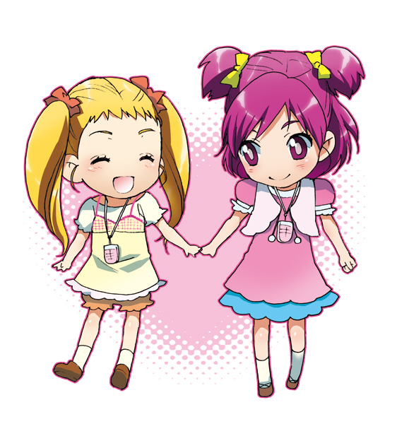 kikuchi mataha, kasugano urara (yes! precure 5), yumehara nozomi, precure, yes! precure 5, 00s, 2girls, ^ ^, blonde hair, blush, chibi, closed eyes, dress, hair ribbon, happy, holding hands, long hair, multiple girls, pink eyes, pink hair, ribbon, short hair, short twintails, smile, twintails, two side up