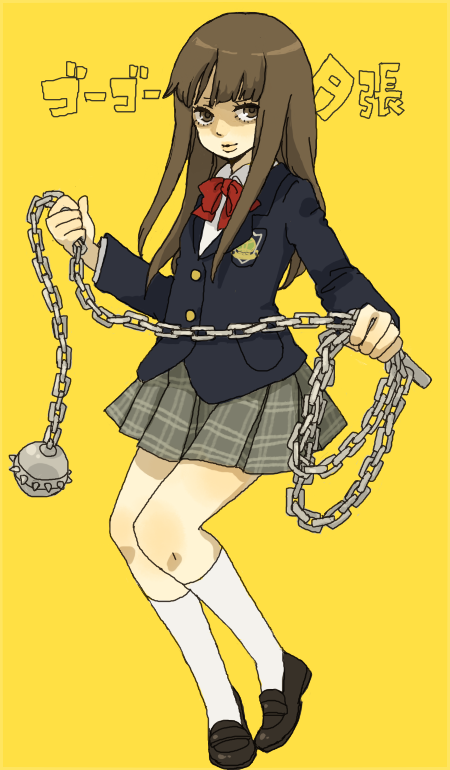 yukke, gogo yubari, yuubari gogo, kill bill, brown eyes, brown hair, chain, legs, lips, long hair, school uniform, serafuku, skirt, solo, weapon