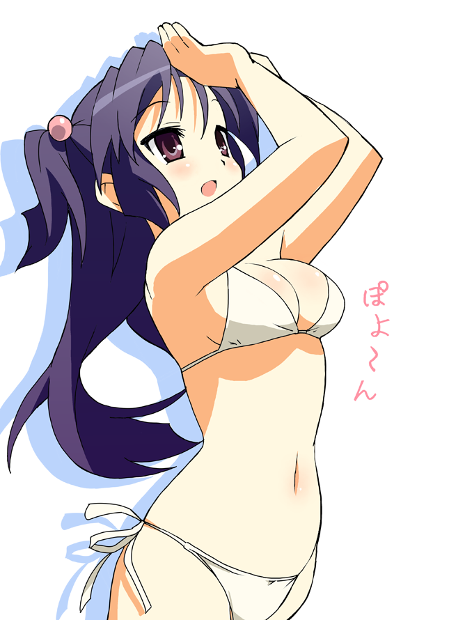 9law, ichinose kotomi, clannad, bad id, bad pixiv id, md5 mismatch, 00s, 1girl, :o, bikini, breasts, cleavage, female focus, from side, hair bobbles, hair ornament, long hair, medium breasts, navel, purple eyes, purple hair, side-tie bikini bottom, silhouette, simple background, solo, swimsuit, two side up, white background, white bikini
