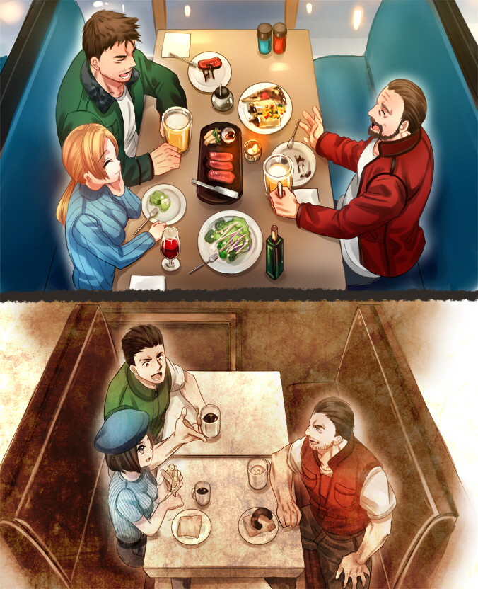 nagare, barry burton, chris redfield, jill valentine, resident evil, 1girl, 2boys, beard, beard stubble, beer mug, beret, blue hat, blue sweater, brown hair, closed eyes, cup, drink, eating, facial hair, food, green jacket, hat, jacket, mug, multiple boys, plate, red jacket, sitting, stubble, sweater, table