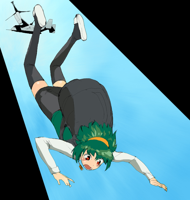 a1 (initial-g), otonashi kotori, idolmaster, idolmaster (classic), idolmaster 1, 00s, 1girl, aircraft, airplane, female focus, green hair, hairband, headset, microphone, parachute, red eyes, short hair, sky, skydive, solo, thighhighs, zettai ryouiki