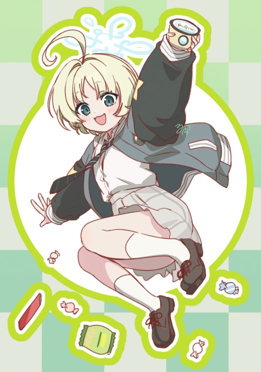 tautiki, blue archive, commentary request, 1girl, ahoge, blue eyes, candy, food, green hair, halo, holding, holding food, jacket, long sleeves, necktie, open clothes, open jacket, open mouth, pudding, ritsu (blue archive), shirt, shirt tucked in, shoes, short hair, simple background, skirt, socks, solo, striped necktie, white shirt, white socks