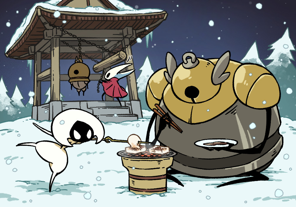 fuifui, hornet (hollow knight), lace (hollow knight), hollow knight, hollow knight: silksong, 2girls, 2others, armor, arthropod girl, bell, chain, chopsticks, cloak, cooking, deep diver (hollow knight), food, holding, holding chopsticks, holding plate, holding weapon, hollow eyes, horned mask, joya no kane, mask, mochi, multiple girls, multiple others, outdoors, pin (hollow knight), plate, red cloak, sitting, smelt shoveller (hollow knight), snow, snowing, weapon, white mask