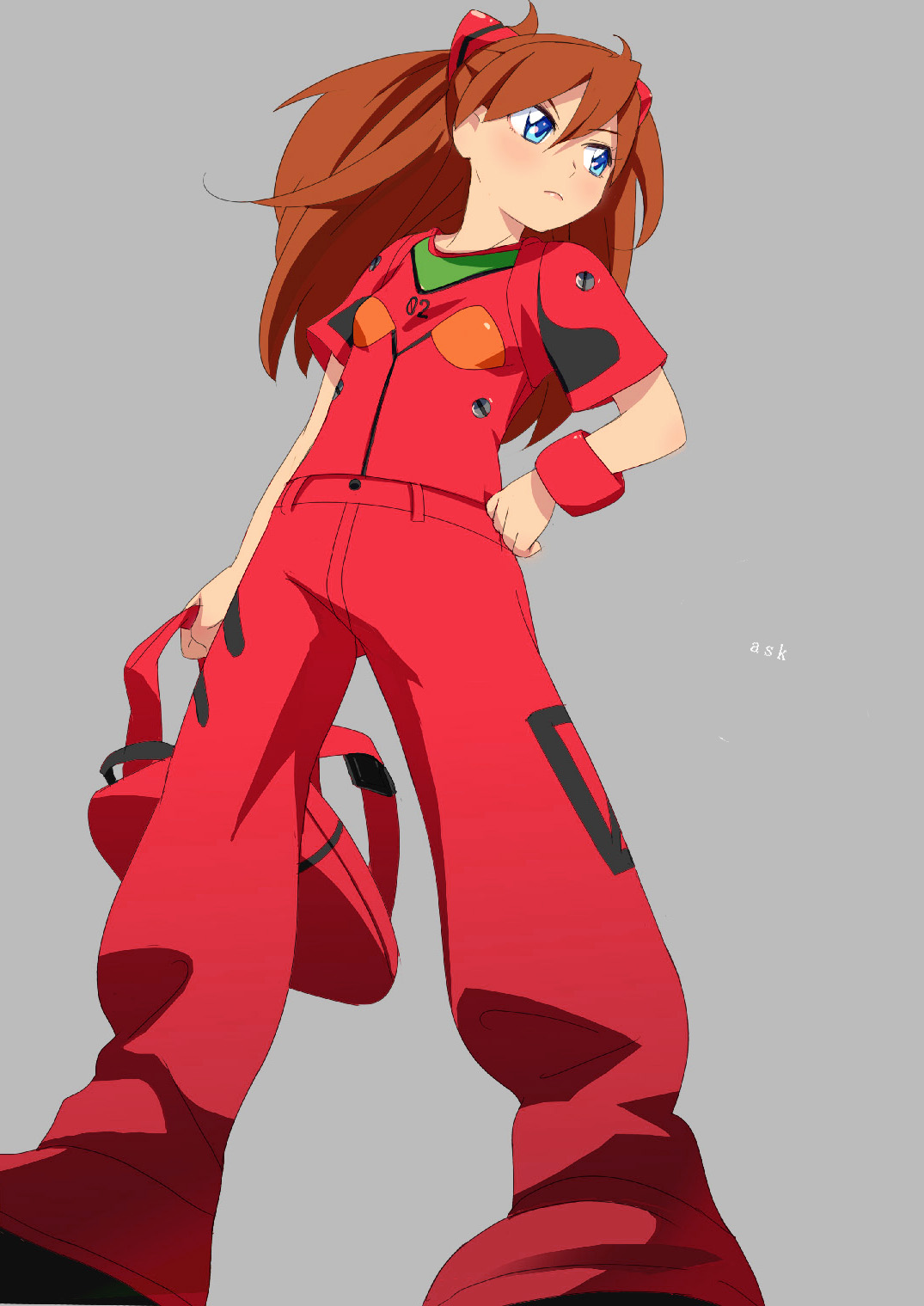 mebae, souryuu asuka langley, neon genesis evangelion, highres, bag, blue eyes, brown hair, long hair, solo