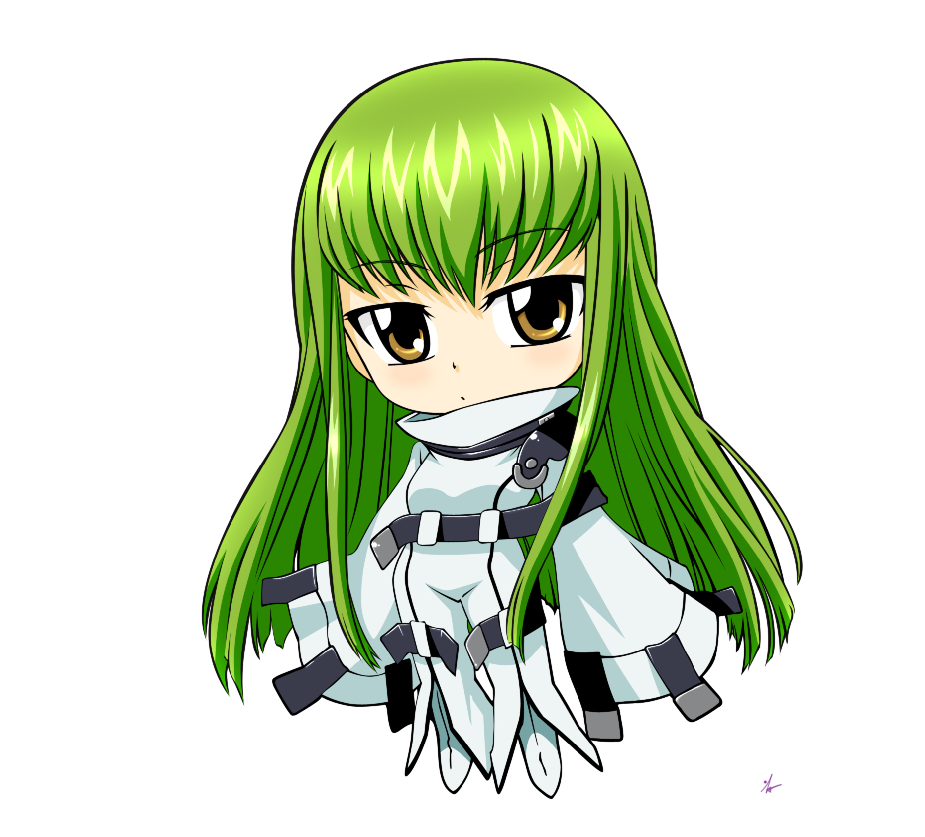 ivan barrientos, c.c., code geass, derivative work, highres, vector trace, 00s, 1girl, chibi, female focus, full body, green hair, long hair, simple background, solo, standing, white background, yellow eyes